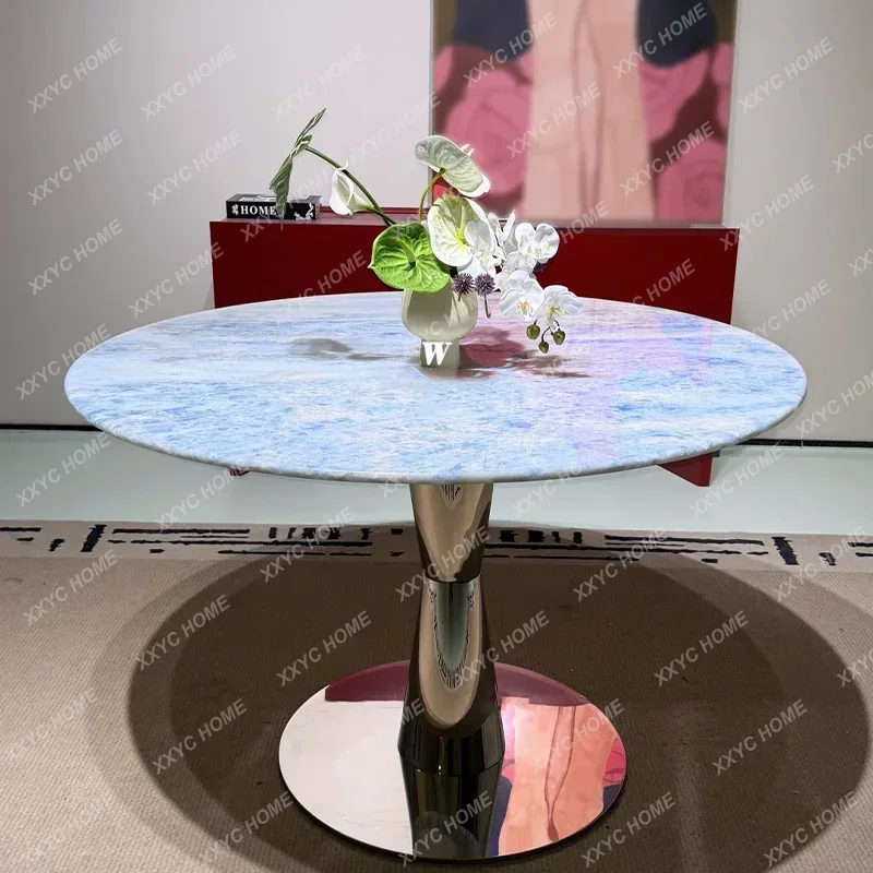 XXNatural blue crystal luxury stone round dining table high sense dream blue crystal marble round dining table