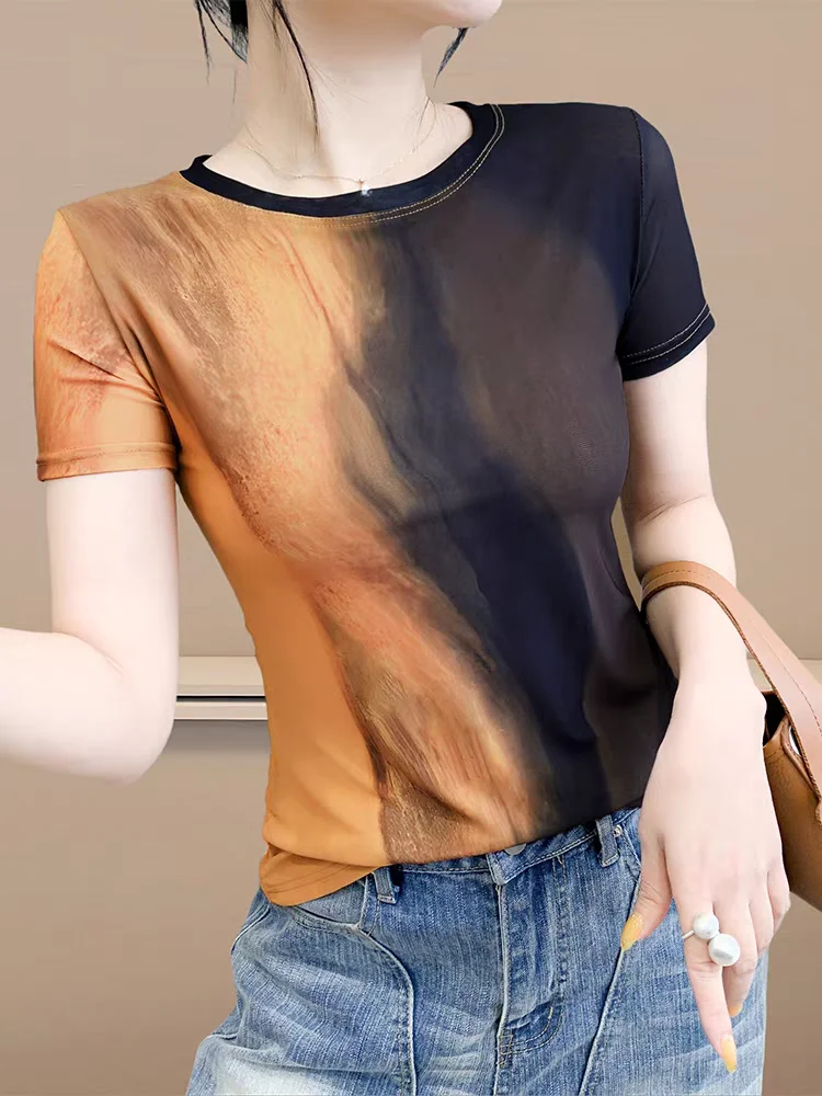 2025 Summer T-shirts Women's Sheer Mesh Floral Positioning Print Slim-Fit Round Neck Chic Top Female Basic Simple Tee