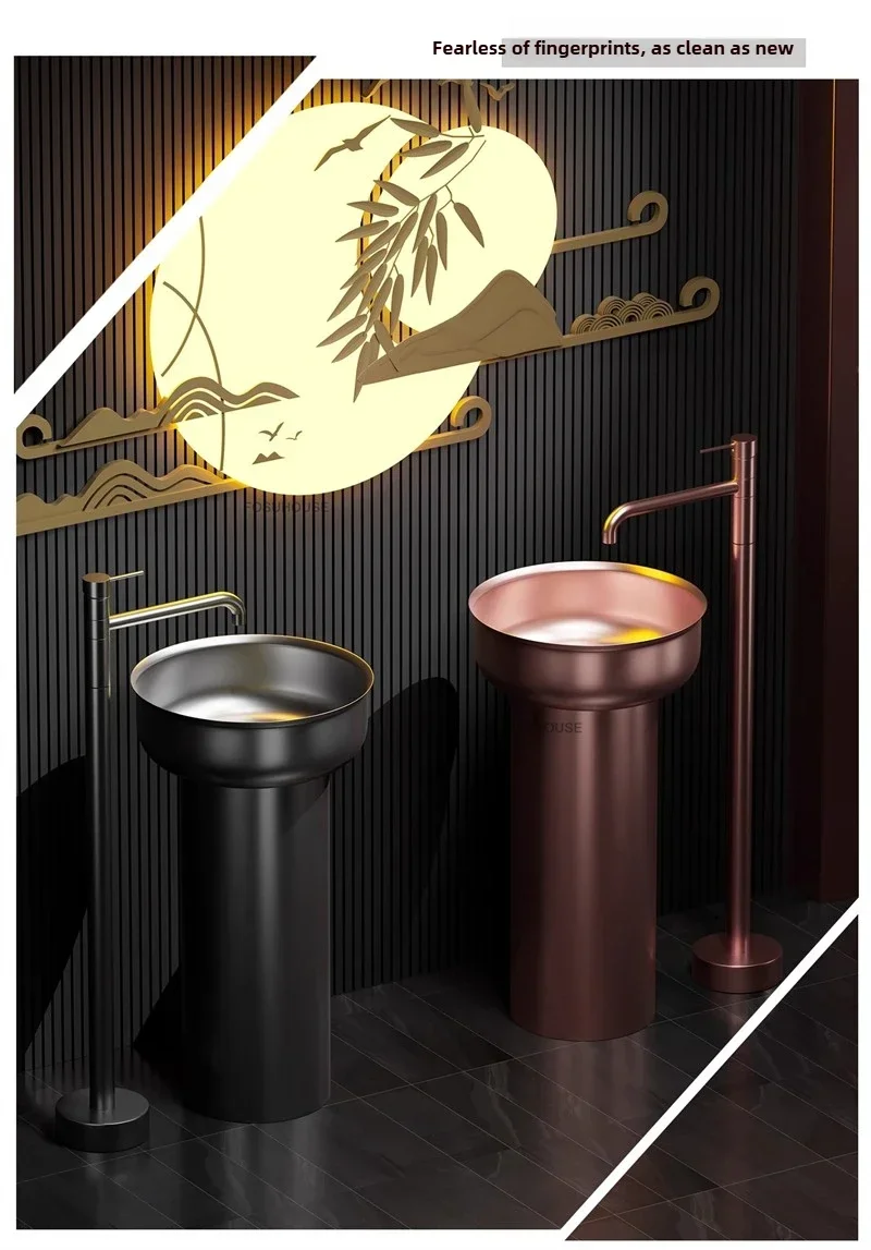 AA Luxury Round Pedestal Basin Gold Stainless Steel Floor Standing Integrated Washbasin Modern Chinese Bathroom Furniture