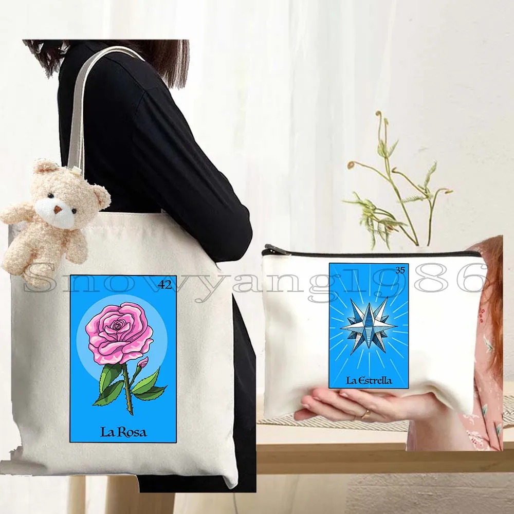 3 piezas Bolsas de lona y bolsos de mano de algodón con diseño de Corazón, Estrella Azteca, Paraguas, Sandía, Rosa, Arte de Tarjetas de Lotería Mexicana y Bingo, para regalo y compras
