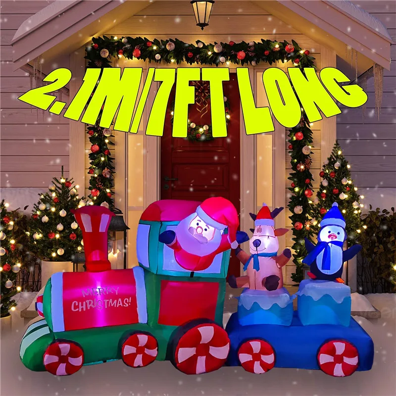 

2.1M/7FT Long Christmas Ornament Inflatable Xmas Train Built-in LED Lights Xmas Party Indoor Outdoor Garden Props Decoration
