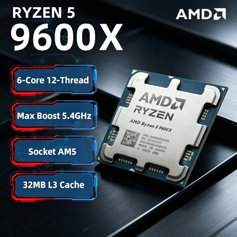 

32MB L3 Cache AMD Ryzen 5 9600X Loose Chip 6 Cores 12 Threads 5.4GHz Boost AM5 Socket Made for B850 X870 PC Assembly