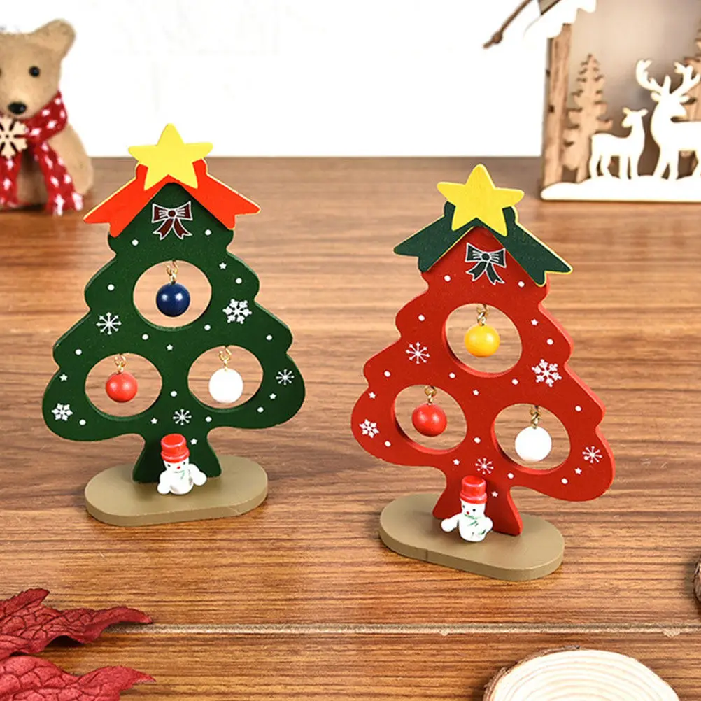

2Pcs Christmas Tree Ornaments Wooden Mini Xmas Tree Decorations Red Green Festive Desktop Table Stand Creative Home Office Decor