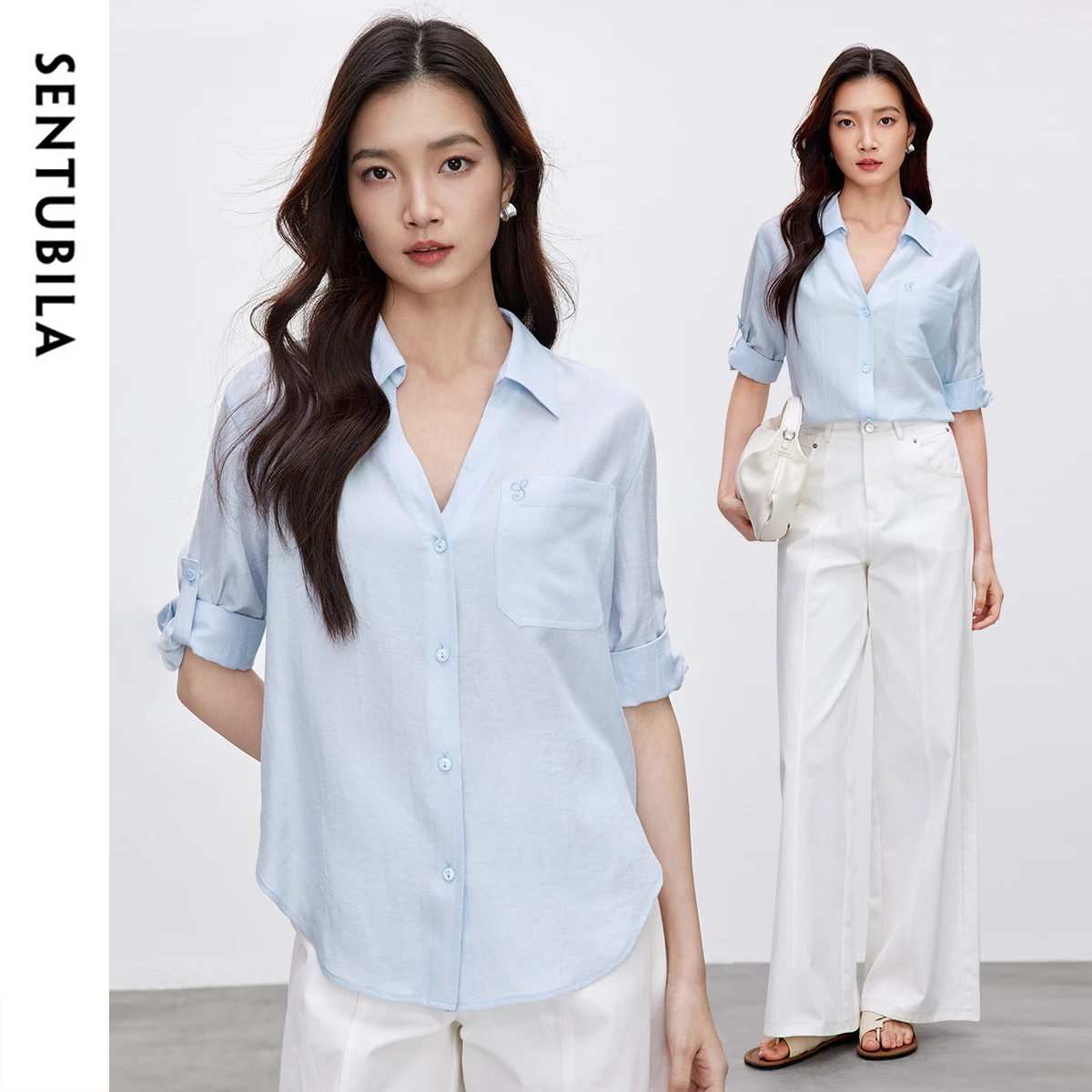 

SENTUBILA Women's Lyocell Linen Shirt 2025 Summer Lapel Three Quarter Sleeve Embroidery Tops Woman Shirts & Blouses 152C59034