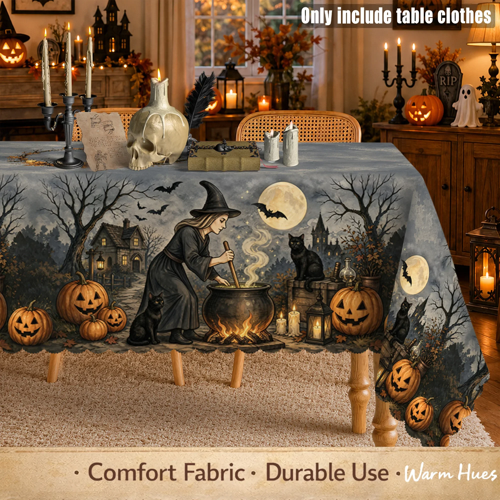 1 piece, vintage Halloween witch tablecloth, witch cauldron scene, paired with black cat and yzb