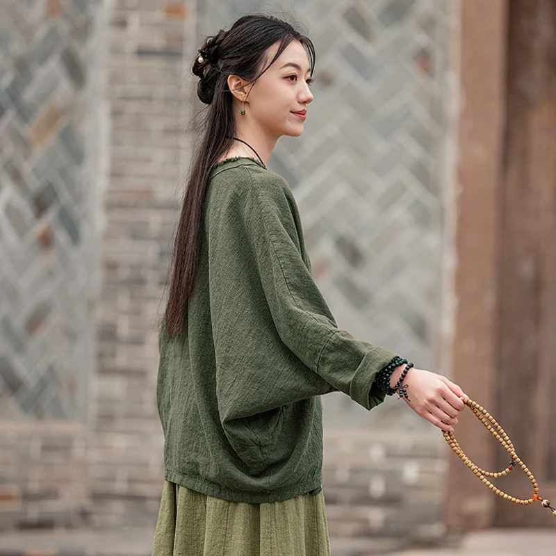 Green Cotton Linen V-Neck Top 2026 New Original Retro Plus Size Pullover Batwing Long Sleeve T-Shirt Loose Versatile