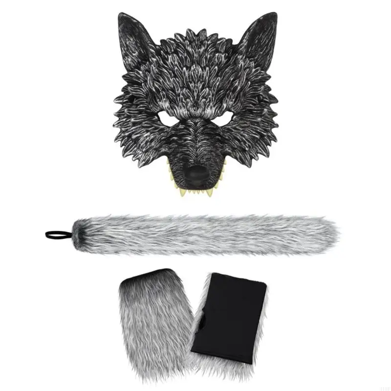 

31BF 2/3Pcs Halloween Costume Wolf Suits Wolf Mask,Wolf Foxes Tail,Glove Set