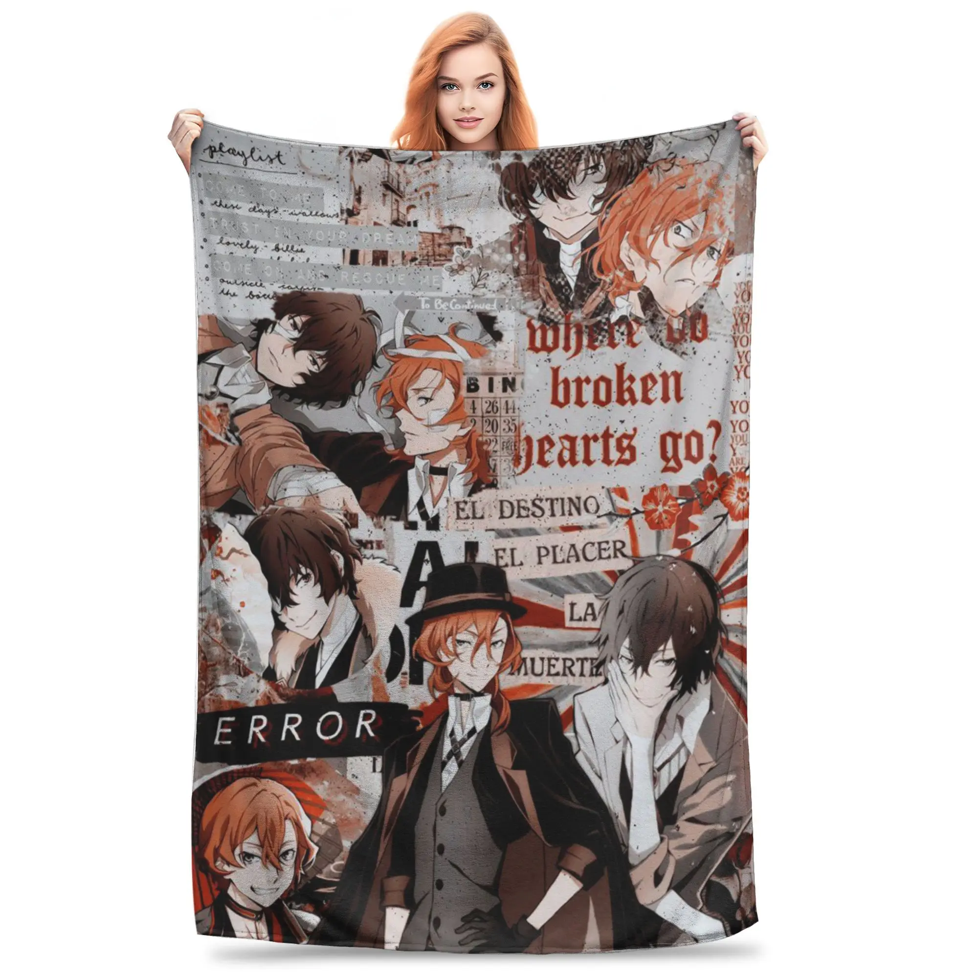 Chuuya Nakahara Collage Flannel Throw Blankets Dazai Anime Blankets for Bedding Car Warm Bedspread