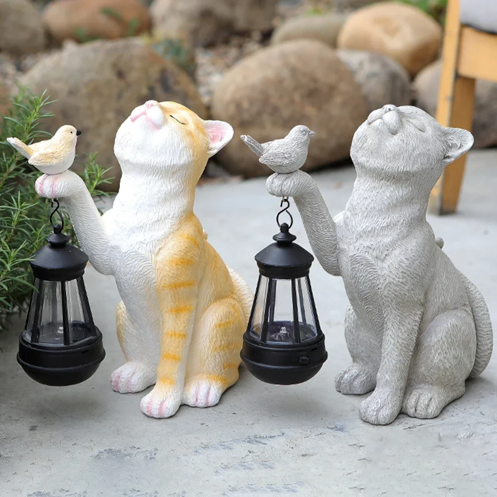 Solar Animal Lamp Solar Little Cat Lamp Resin Mini Statue Cat Outdoor Lantern Garden Ornament Light for Yard Balcony Pathway