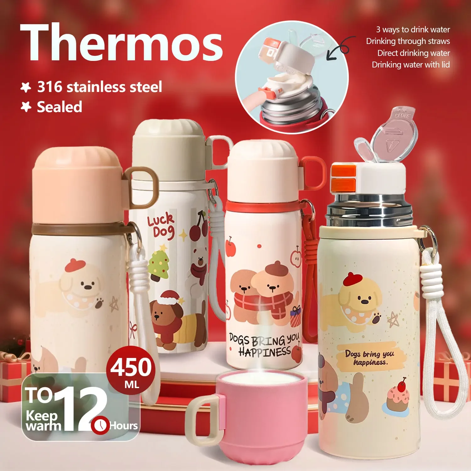 

450ML drinking cup (straw + direct drinking) dual-purpose, insulation and cold water cup , 316 stainless steel double-layer