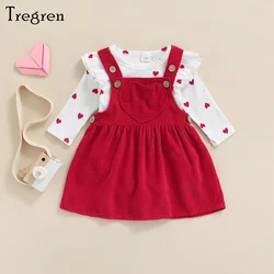 Tregren-Pelele de manga larga con volantes y falda con tirantes de pana para bebé recién nacido, ropa infantil para el Día de San Valentín, patrón de corazón