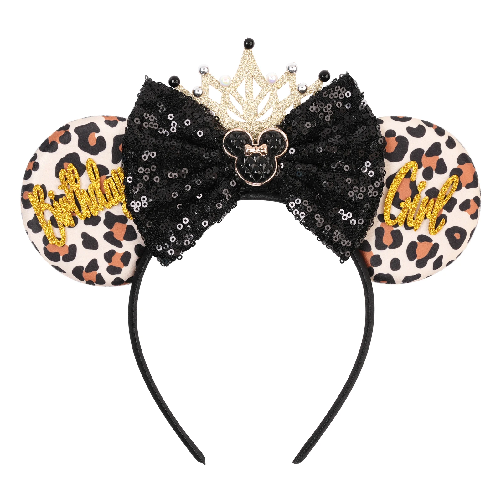 Neue Leopardenmuster-Stirnbänder mit Mausohren und Krone für Mädchen, Kinder und Frauen, Party-Haaraccessoires mit Pailletten und 5-Zoll-Schleife für Erwachsene