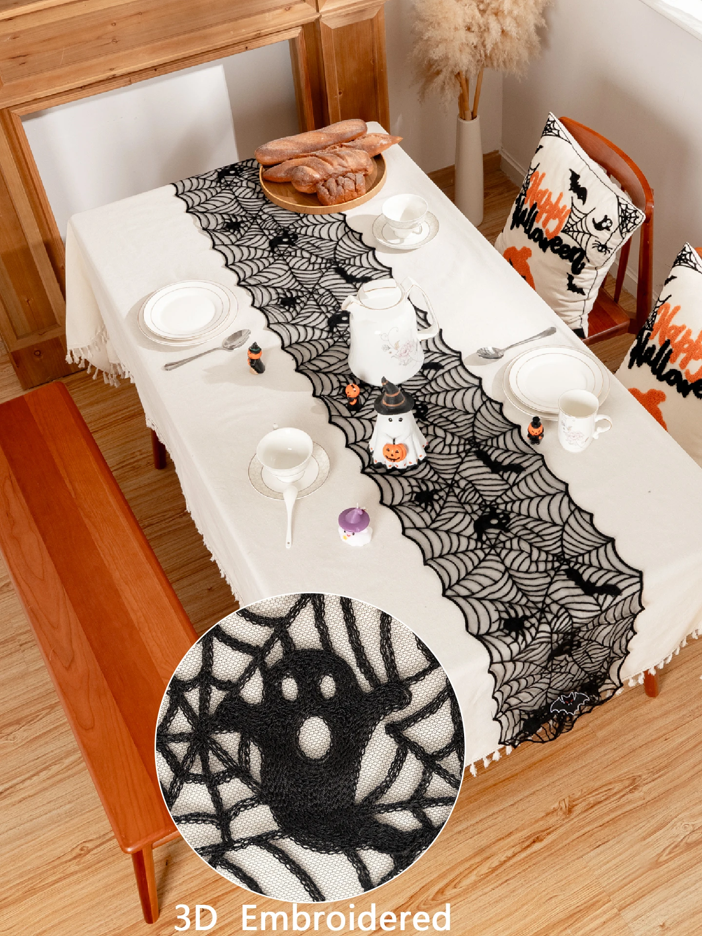 1 Piece 3D Embroidered Halloween Table Flag Transparent Silk Multi-Sizes Fine Spider Web Design 11.8 Inch Wide Perfect for Party