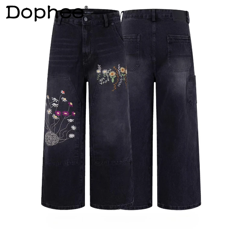 

Модные джинсы с цветочной вышивкой для мужчин и женщин, весна 2026, свободные прямые джинсовые брюки, стильные и элегантные мужские джинсы