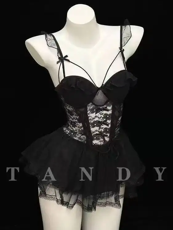 Trendy Sexy New Fishbone Bra Lace Chest Pad Dress Backless Deep V Suspenders Sleeveless Bowknot Mesh Lace Dress Charming QCSW