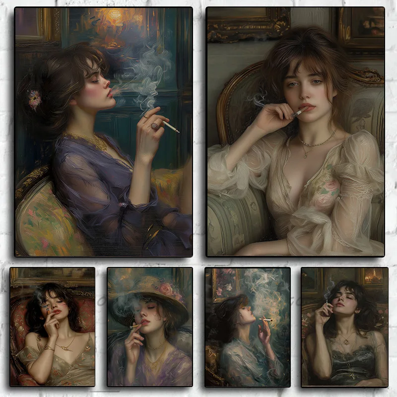 خمر صورة امرأة التدخين جميلة الإناث المشارك طباعة صور فنية للجدران قماش اللوحة غرفة المعيشة غرفة نوم ديكور المنزل #1