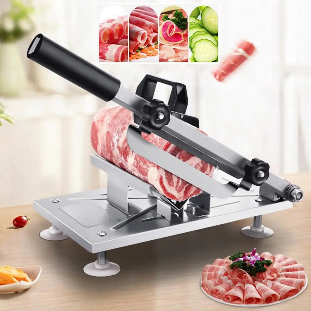 Meat Fruit Vegetable Slicer Meat Cutting Machine Table Slicer Stainless Steel Frozen Meat Cutter Adjustable Thickness Ergonomic