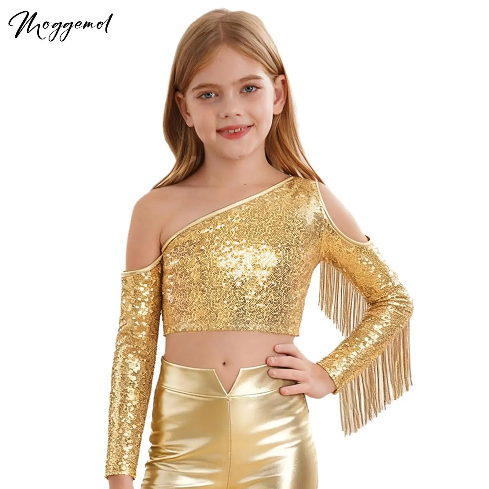

Костюм с блестящими пайетками для девочек, укороченный топ с длинными рукавами и кисточками на одно плечо, уличная одежда, футболки, костюм для латинского джаза, сценический костюм
