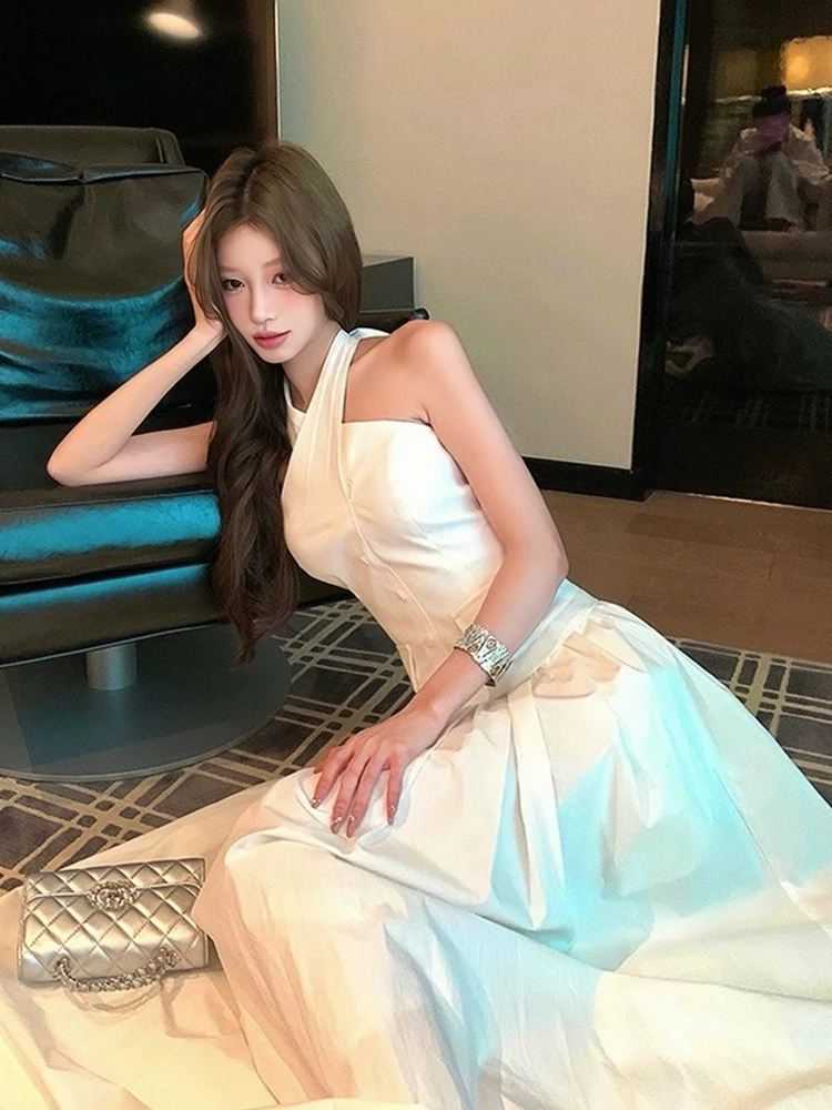 RORIRI الصلبة عبر فستان الرسن المرأة Strappy خارج الكتف مفتوحة الظهر Shiring ألف خط فستان طويل ملابس الصيف الكورية