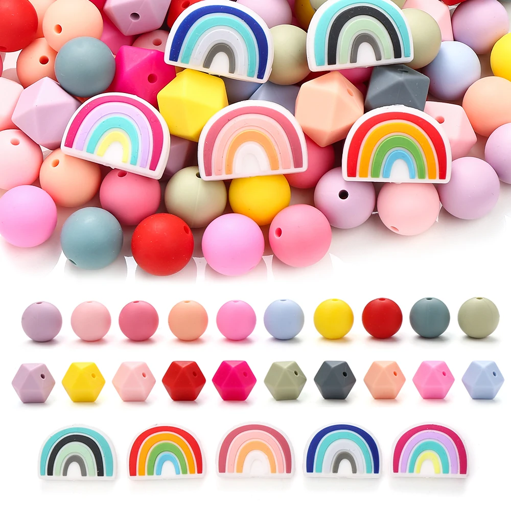 

65Pcs 15mm Baby Round Silicone Teether Beads Rainbow Spacer Beads Set for Jewelry Necklace Keychain Making Diy Set Accessories