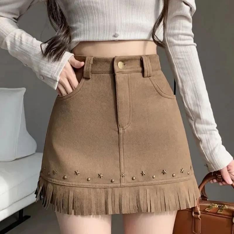 

New Fashion Tassel Skirt Women Autumn High Waist Slim A-line Suede Mini Skirts Rivet Short Club Party Jupe Y2k High Street