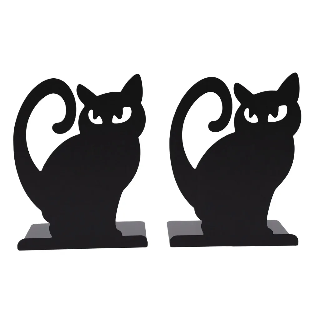 2pcs Iron Decorative Cat Bookend Black Thickening Design Metal Bookends 4.72x4.37x5.87in Non-Skid Base Cat Shaped Book Stopper