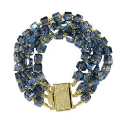 G-G 4 Rows Blue Cube Crystal Square Beaded Bracelet Bangle Handmade Lady Fashion Jewelry Gifts