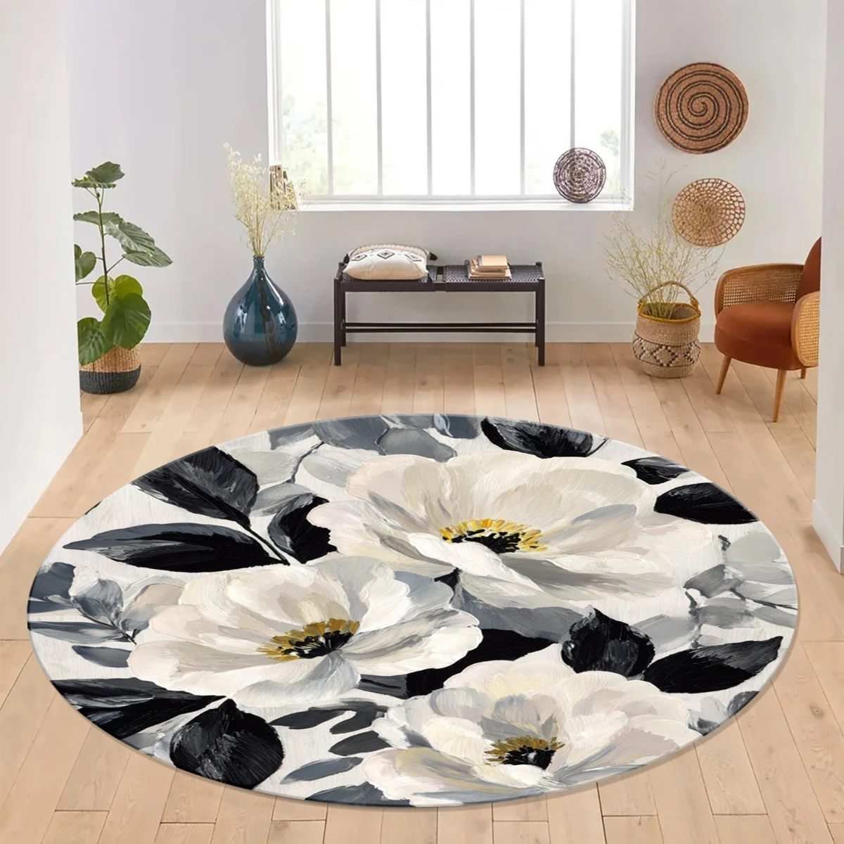 Classic Cream Peony Flower Circular Area Rug  Retro Butterfly Botanical Print Round Mat Elegant Farmhouse Home Floor Rug