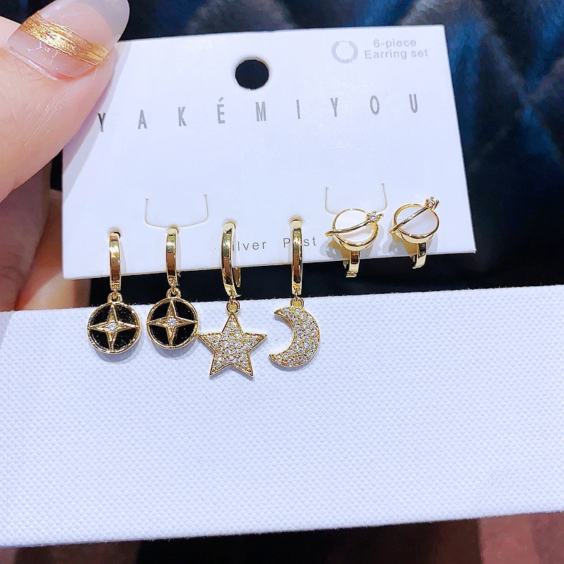 Trendy Design 3 Pairs Round Star Moon Saturn Hoop Earrings Set Gold Color Cubic Zirconia Women Jewelry