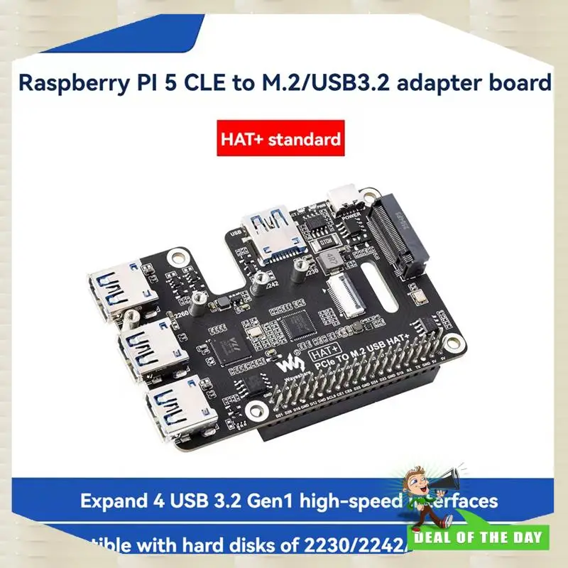 Entrega em 24 horas Waveshare suporta protocolo Nvme Pcie para M. 2 Placa de expansão USB 3.2 para Raspberry Pi 5 Expandir 4 portas USB 3.2