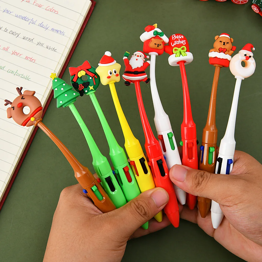 Christmas Multi-Color Pen Set Santa Claus Snowman Bear Tree Cute Cartoon Gel Pens, Shaker Solid Color Four-Color Ballpoint Pen Retractable Pen Cute Stationery Gift for Students