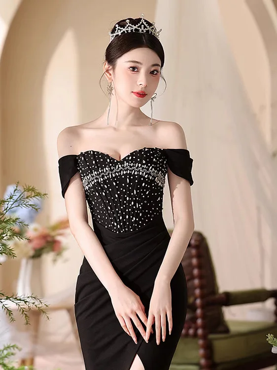 Sexy Strapless Beaded Diamond Slim Fit Wrap Dress Evening Gown Fashionable High Waist Synthetic Fiber Long Sleeve Midi Dress