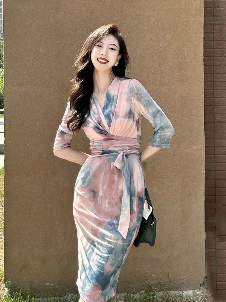 

Сексуальное женское облегающее платье-миди с V-образным вырезом, розовым принтом в стиле рок-н-ролл, утягивающее, с завышенной талией, летнее, короткое, с юбкой-миди