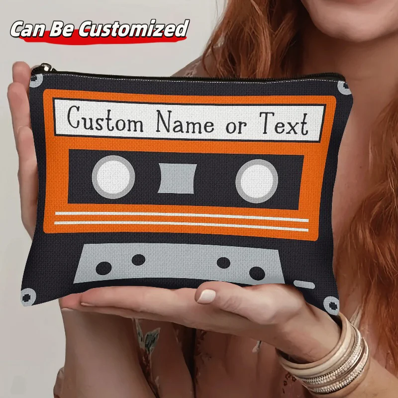 Personalized Custom Name Retro Cassette Tape Zipper Pouch Vintage Music Tape Print Canvas Cosmetic Pencil Travel Storage Bag