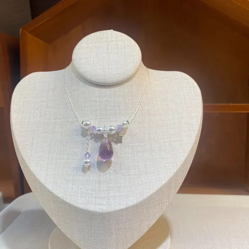 Crystal Necklace Amethyst Fishing Line Water Drop Pendant Neck Chain Pearl Star Clavicle Chain Amethyst Necklace