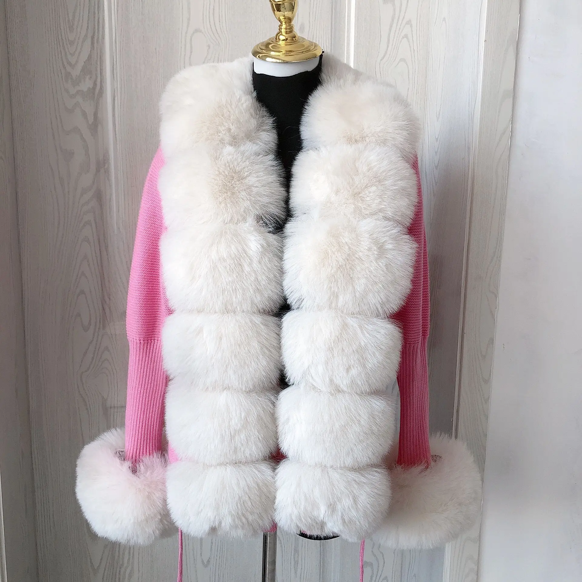 Damen Crop-Cardigan Frühling Herbst Bestseller Kunstfell Strickjacke mit Kunstfuchsfell-Kragen für Damen – Detail 6