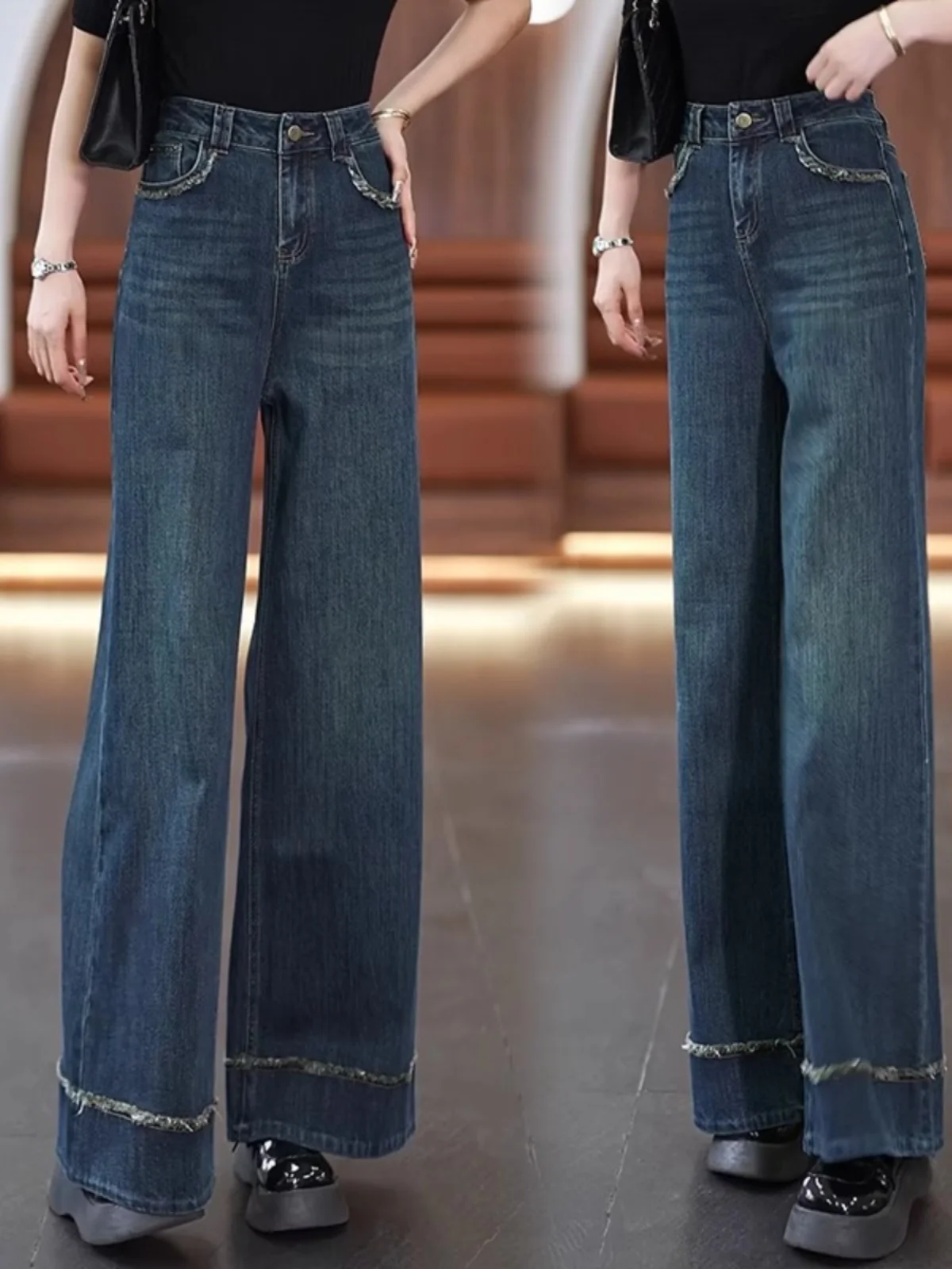 

High Waist Wide Leg Denim Jeans Women's Spring Autumn Fce Straight Leggings Tassel Detailing Classic Blue Long Pants