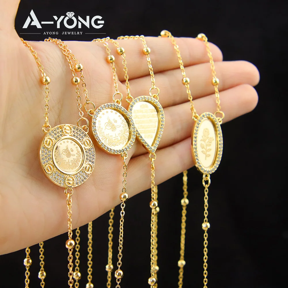 Islamic Saudi Gold Color Long Necklace 21k Gold Plated Zircon Brazilian Italian Coins Pendant Women Fashion Event Party Jewelry