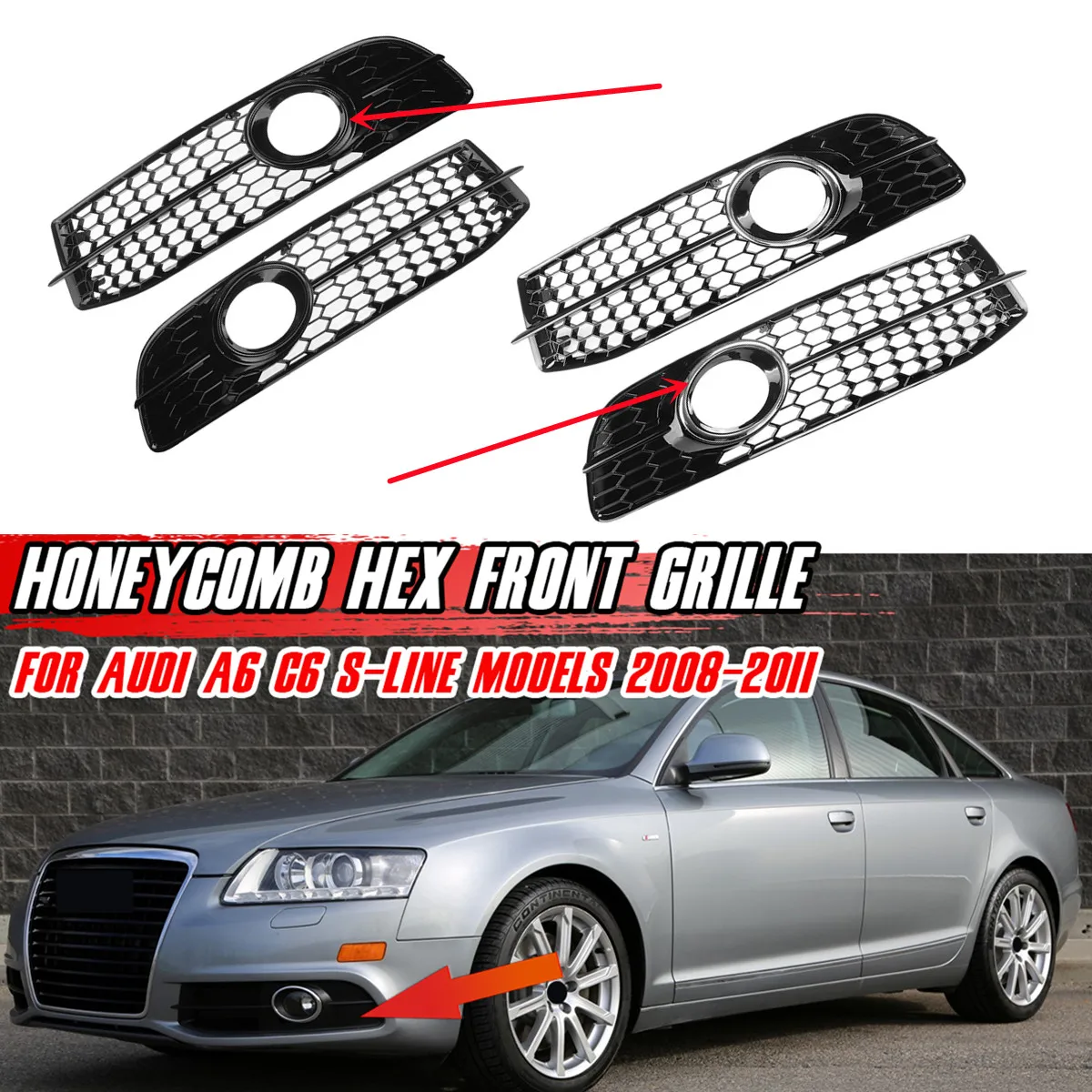 

HONEYCOMB Car Front Bumper Fog Light Lamp Grille Grill Cover For Audi A6 C6 S-Line 2008-2011 4F0807681Q01C Fog Light Bezel Cover