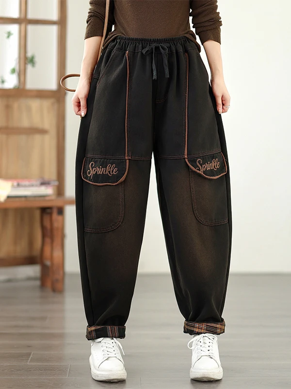 بنطلون جينز نسائي فاخر مبطن بالصوف سميك بتصميم هارلان للخريف والشتاء، طراز جديد كاجوال بأسلوب شخصي عتيق من تسعة أجزاء