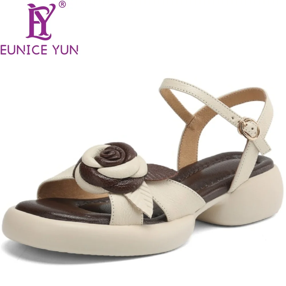 

【EUNICE YUN】Винтажные сандалии ручной работы из натуральной кожи на среднем каблуке и толстом крышке, повседневные повседневные сандалии с круглой головкой и цветком, размеры 34-40