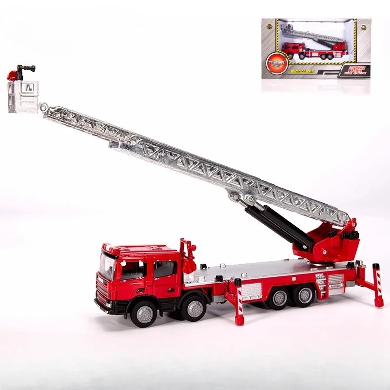 

40cm 360 Degrees Rotation Rescue Car Simulation 1:50 Alloy Stretchable Ladder Fire Truck Platform Fire Engine Model Toy Gift