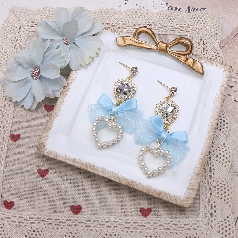 Handmade Japanese Sweet Light Pink Diamond Tassel Needle Ear Accessories Pearl Heart Cross Rhinestone Blue Bow Earring Ear Clip