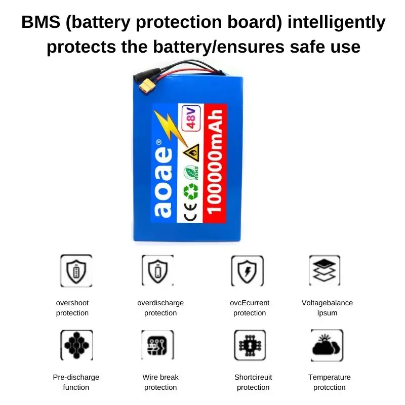 13S8P 48V 100000mAh Large Capacity Battery Pack  Lithium Battery  Motor Battery Built-in 50A BMS Protection With Charger