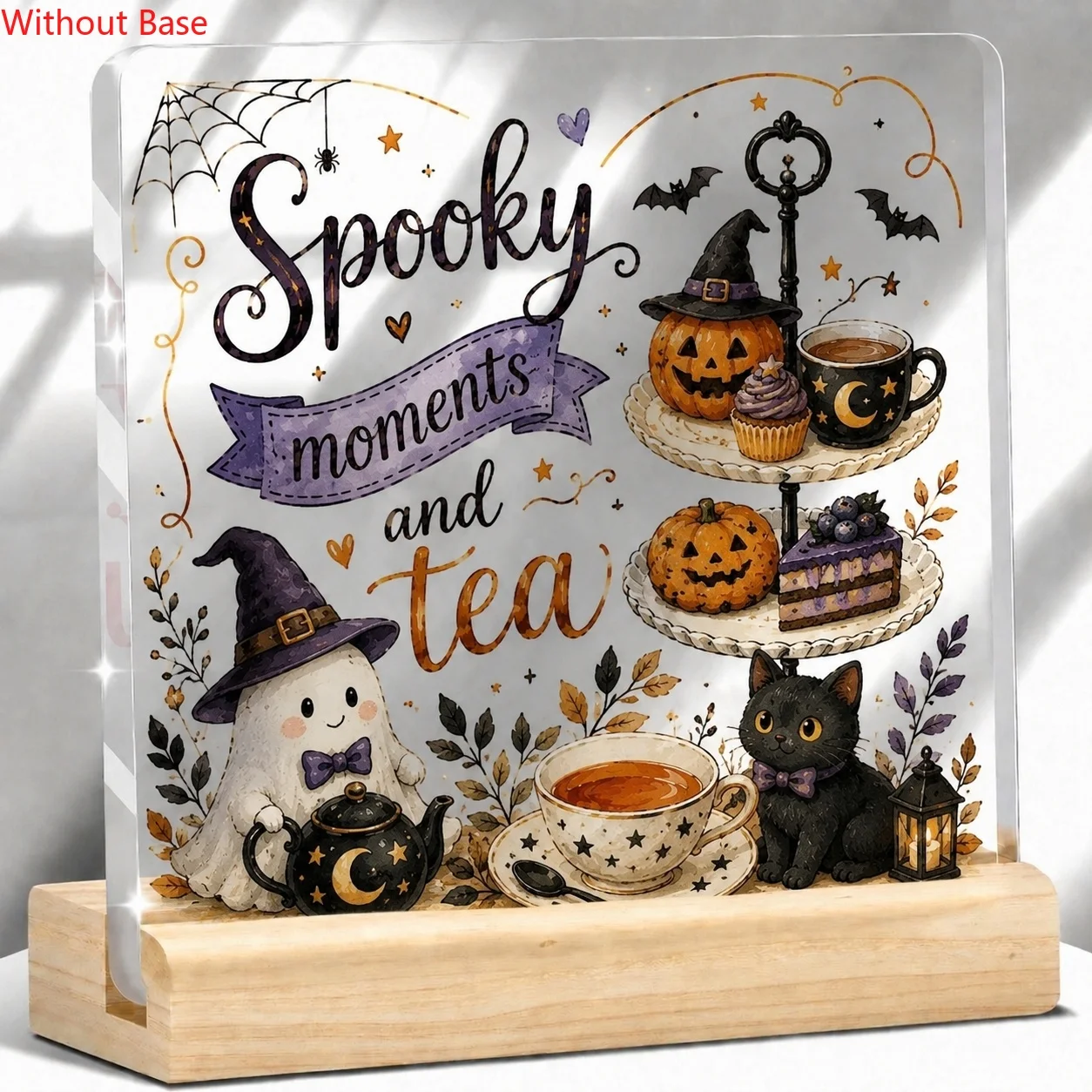 CIFBUY Acrylic Sign 2D Flat Ghost Moment Afternoon Tea Party Illustration Witch Pumpkin Cauldron Wooden Base Desktop Plaque Kitc