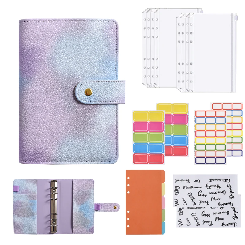 A6 Tie Dye Color Change Color Loose-Leaf Notebook With 8pcs Zip Pocket, Binder Budget Planner Organizer