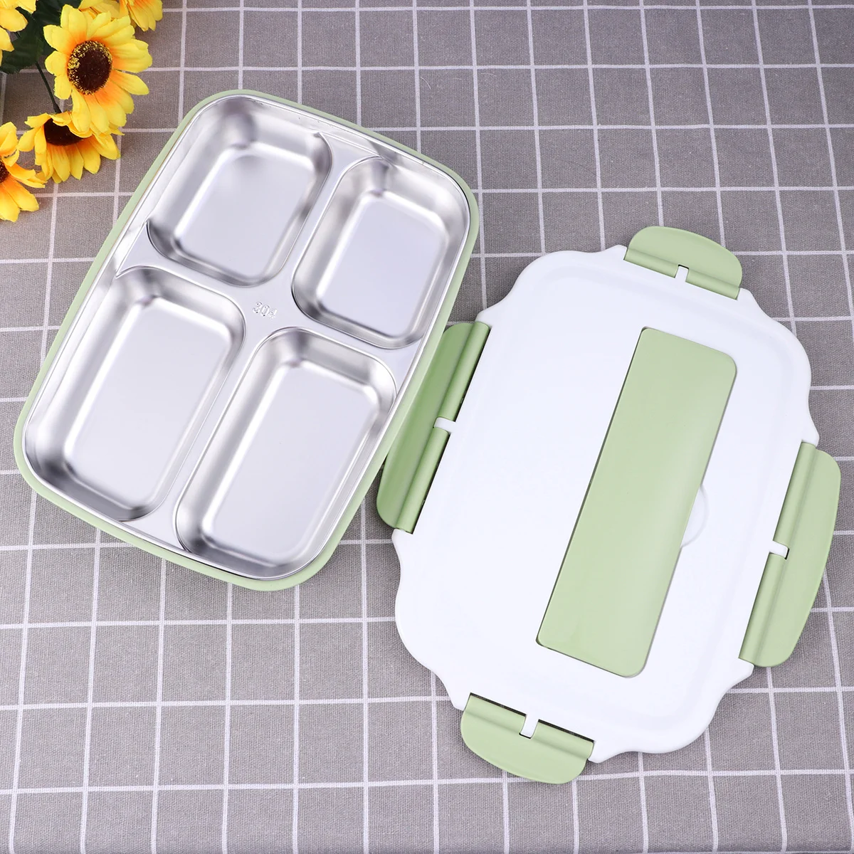 

304 Stainless Steel Thermal Lunch Box 4 Compartments Single Layer Leak Proof Food Container for Office Students with Chopsticks