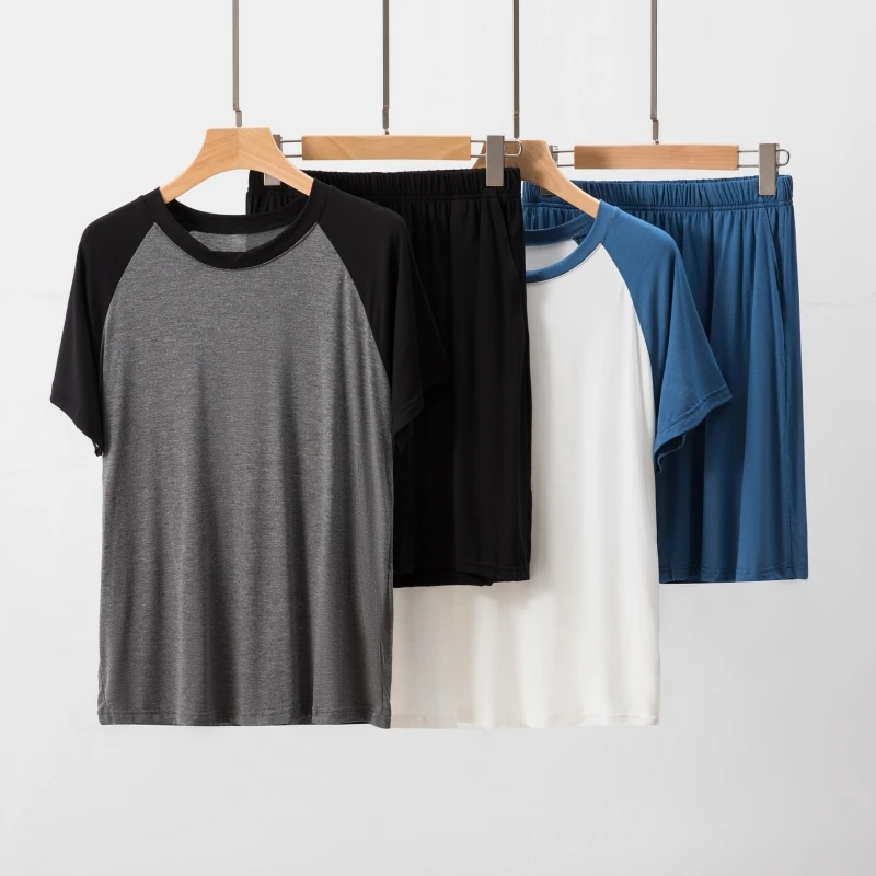 

Modal Men's Sleepwear Set Summer Loose Short Sleeve round Neck Home Clothes Casual Shoulder Insert T-Shirt Shorts Ensemble