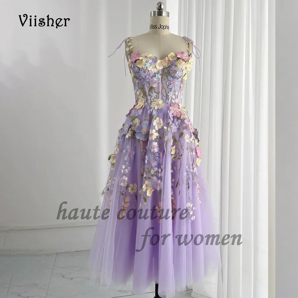 

Lavender Tulle Fairy Prom Dresses 3D Flowers Sweetheart A Line Evening Party Dress Bow Straps Tea Length Formal Graduation Gowns