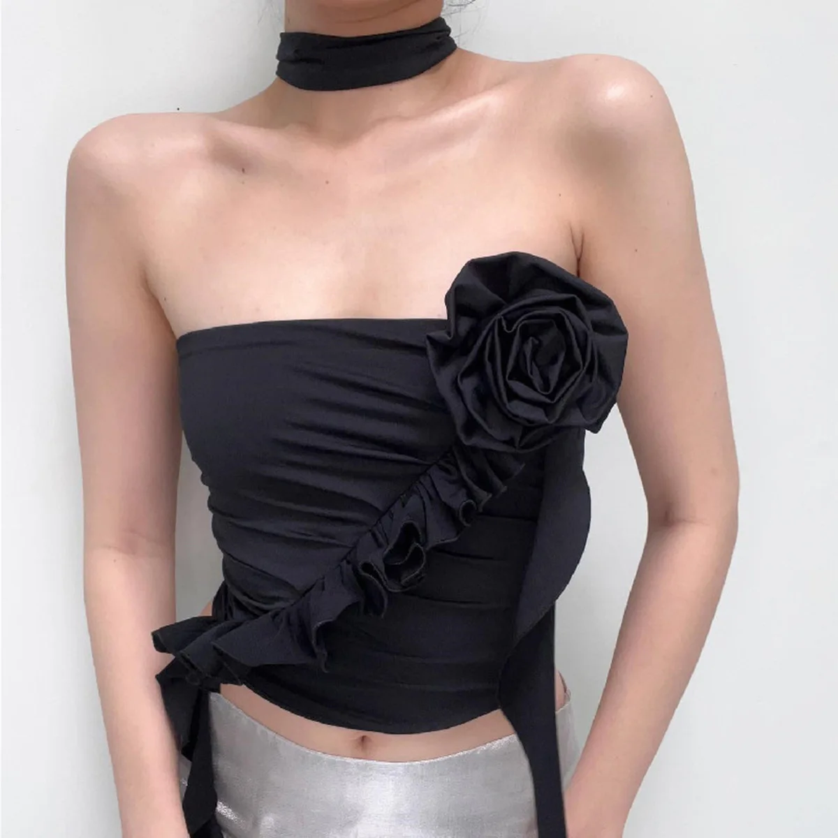 

One-word Collar Off-the-shoulder Flower Top, New Sexy Off-the-navel Women's Vest Plus Size 9XL 8XL 7XL 6XL XXXXXL